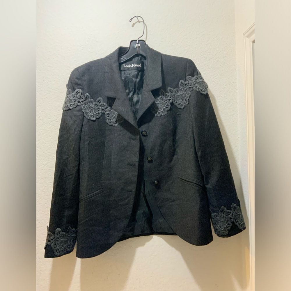 Louis Feraud dark grey wool blazer lace detail jacket fully lined 2 pocket sz 10